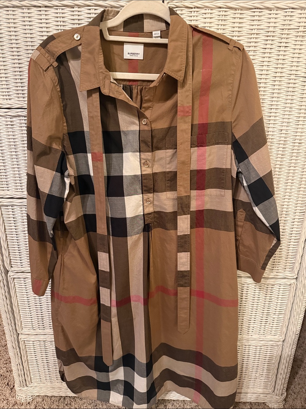 Authentic Burberry Tan Plaid Button-Front Shirt Dress with Black & Red Accents